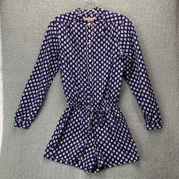 Michael Kors Romper Women’s Size XS Blue Long Sleeve Printed Shorts One Piece - Picture 1 of 12